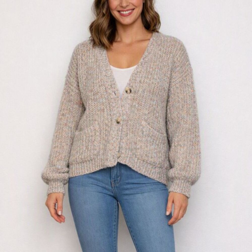 BB Dakota Sweater Large Womens Cardigan V-Neck Speckled Flecked Confetti Balloon